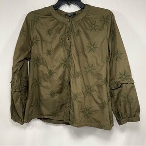 Boho Madewell Olive Green Cotton Star Embroidered Ruffle Sleeve Top Size M